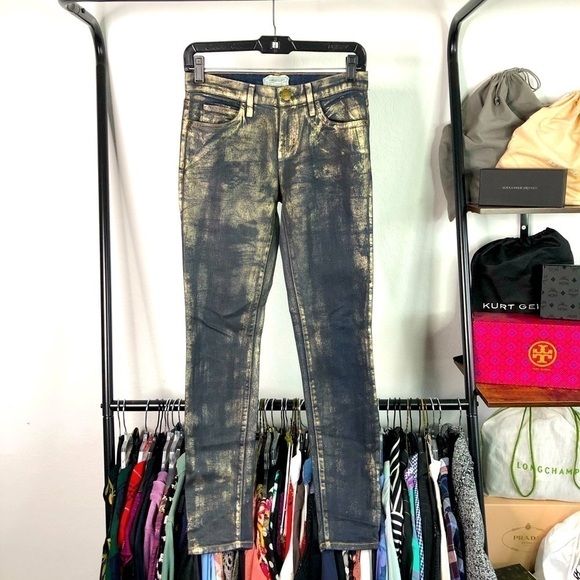 Current Elliott Fool’s Gold The Ankle Skinny Distressed Wet Look Jeans - Picture 1 of 6